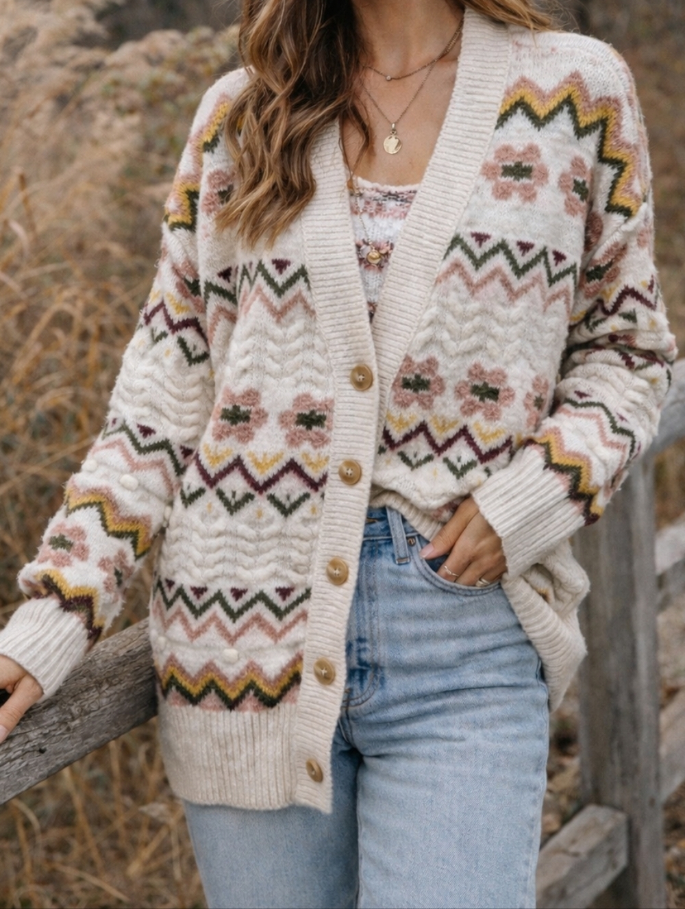 Dex Cream Patterned Chunky Knit Cardigan Boho Cottagecore Cozy Grandpa Style